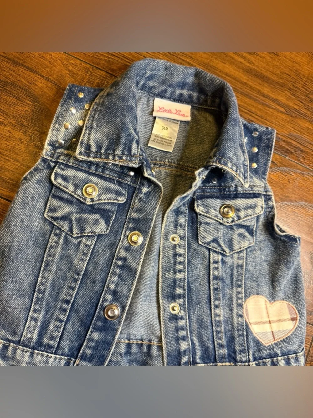 VTG Style Little Lass 24M Denim Vest Studded Acid Wash Plaid Heart Patch Boho